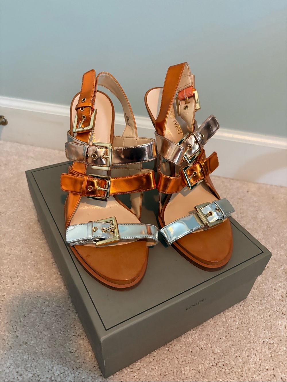 Nine West Metallic Orange and Silver Multi-Buckle Slingback Sandals